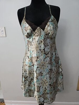 Y2K Vintage Slip Dress Negligee Lingerie Large Brown Blue Paisley Satin Lace  - Image 1 of 4