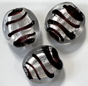 Venezianische Murano Glasperlen Perlen: 3 Lila/Silber Folie Wirbel Scheibe/Münze 22mm (#6) - Bild 1 von 6