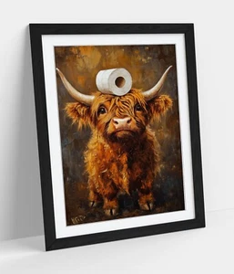 HIGHLAND COW CUTE BATHROOM WALL ART -FRAMED WALL ART POSTER PAPER PRINT - Picture 1 of 10