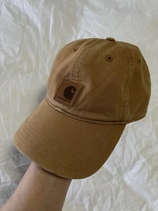 Carhartt Hat Canvas Cap Tan Beige Leather Patch Logo Strapback Cotton - Picture 1 of 7
