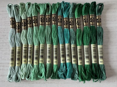 DMC Cotton Embroidery Floss Thread~Lot of 15 Skeins~Shades of Greens Color Set - Image 1 of 4