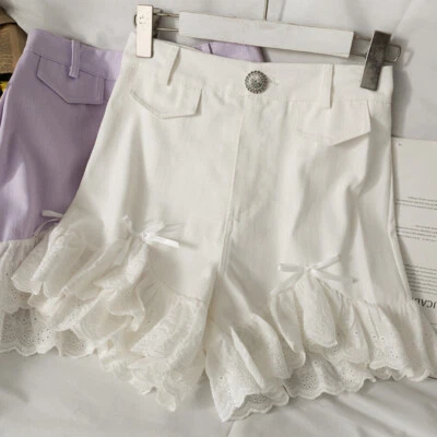 Women Hot Pants Shorts Mini Ruffle Lace Trim Crystal Botton Cute Bow Summer - Image 1 of 4