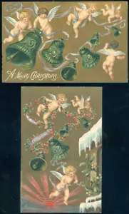 2 CHRISTMAS POSTCARDS WITH CHERUBS & BELLS - Picture 1 of 1