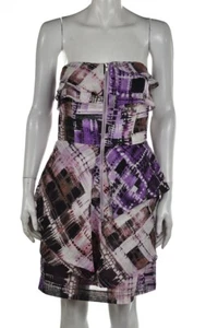 Ali Ro Womens Dress Size 10 Black Purple Printed Sheath Short Strapless Silk - Picture 1 of 5