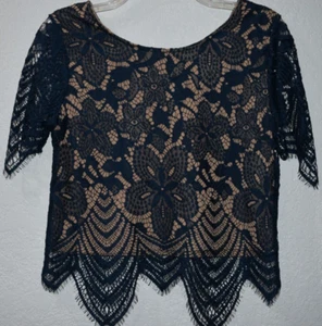 Womens XS Lace Top Sexy Scalloped Trim Deep Teal Overlay w/Tan Lining Express - Picture 1 of 11