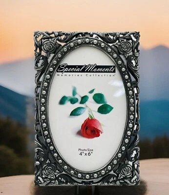 Ornate PICTURE FRAME Pewter Silver Tone Metal Rose  Filigree - Image 1 of 4