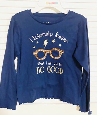 Camiseta Harry Potter Niñas Talla 8 Gráfica Azul L/S Acento Dorado Brillo Gafas Usadas en Excelente Condición Foto 1 de 4