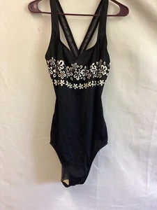 Lands End Vintage schwarz weiß Blumen gekreuzter Rücken 1-teilig Badeanzug Damen 14 lang - Bild 1 von 7