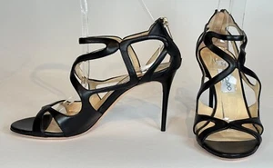 Jimmy Choo black leather strappy open toe high heel sandal w/zipped heel sz 39/9 - Picture 1 of 9