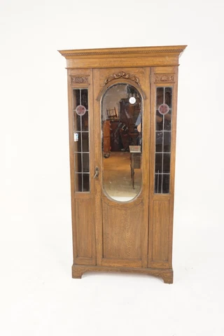 Mirror Back Hall Armoire, Wardrobe, Closet, Leaded Glass, Scotland 1910, H247 Cover