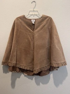 Ann Taylor LOFT Brown Suede Leather Poncho Ruffle Trim Women’s Size S  - Picture 1 of 8