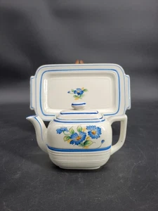 Vintage Japanese 3-Piece Tea Pot with Matching Serving Tray - Blue Daisy Floral - Picture 1 of 24