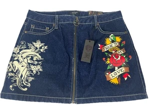 Ed Hardy Women's Denim Skirt Large Y2K Tattoo Graphic Mini Skirt Dark Wash New - Picture 1 of 9