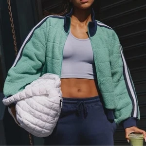 NWT Free People FP Movement Fleecy Sherpa Scrunchy Pippa Jacket in Green & Navy - Picture 1 of 8