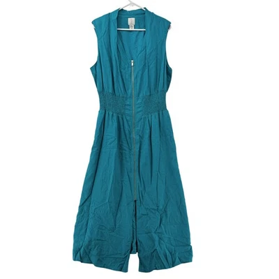 Joie Dress Womens 1X Teal Sleeveless Zip Front Smocked Waist Linen Blend Midi - Image 1 of 4