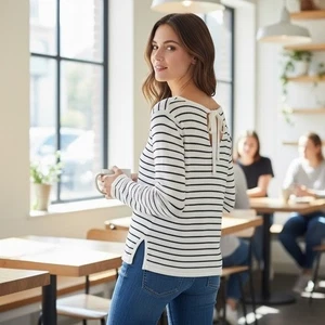 Nautica Women's Long Sleeve Striped Sweater | White/Navy | Cotton | Tie Back - Picture 1 of 12