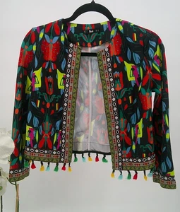Sheln Womens Multicolor Tasseled Open Front Bohemian Cropped Jacket Size M - Picture 1 of 8
