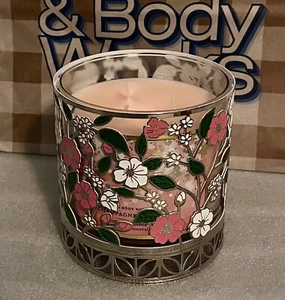 BATH & BODY NICKEL FLORAL THREE WICK CANDLEHOLDER W/3 WICK CHAMPAGNE TOAST CANDL - Picture 1 of 2