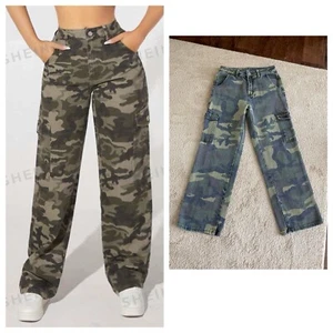 SHEIN women camouflage cargo high rise wide leg jeans Sz SP pockets green multi - Picture 1 of 8
