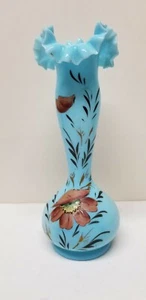 PORTIEUX VALLERYSTAHL BLUE OPALIN FLORAL RUFFLE RIM GLASS PORCELAIN VASE 11 1/8" - Picture 1 of 7