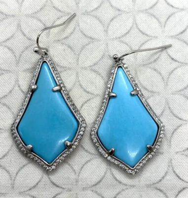 Kendra Scott Lux Alex Earrings Turquoise Blue Mangesite Silver Tone Crystal Halo - Image 1 of 4