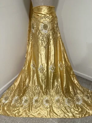 GOLD IVORY Satin W/Embroidery sequins Lace fabric 50” Width Sold By Yard - Image 1 of 4