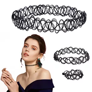 3pz Girocollo Tatuaggio Elasticizzato Collana Anello Bracciale Vintage Anni 90 Retrò Gioielli - Foto 1 di 7