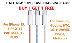 Type C to Type-C Cable 60W PD Fast Charger Braided Long USB C Leads Colours - Picture 1 of 27