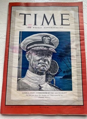 Time The Weekly News Magazine Admiral hart Vol XXXVIII No 21 November 24 1941 - Image 1 of 3