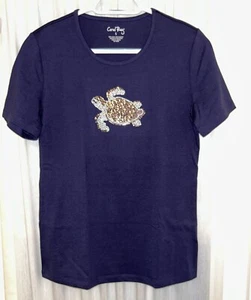 Coral Bay Women's Size Small Navy Shirt Bedazzled Sea Turtle Short Sleeve - Picture 1 of 3