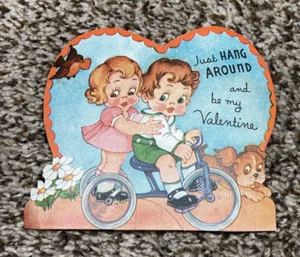Vintage Valentines Day Card Boy Girl on Tricycle Dog Just Hang Around - Picture 1 of 3
