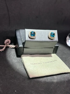 DAVID YURMAN 18K Yellow Gold Albion Blue Topaz & Diamond Stud Earrings 6.4 Grams - Изображение 1 из 4
