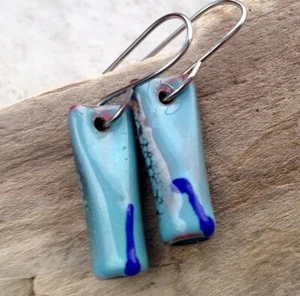 Blue Enameled Copper Tube Earrings Artisan Handmade USA Enamel Jewelry - Picture 1 of 5