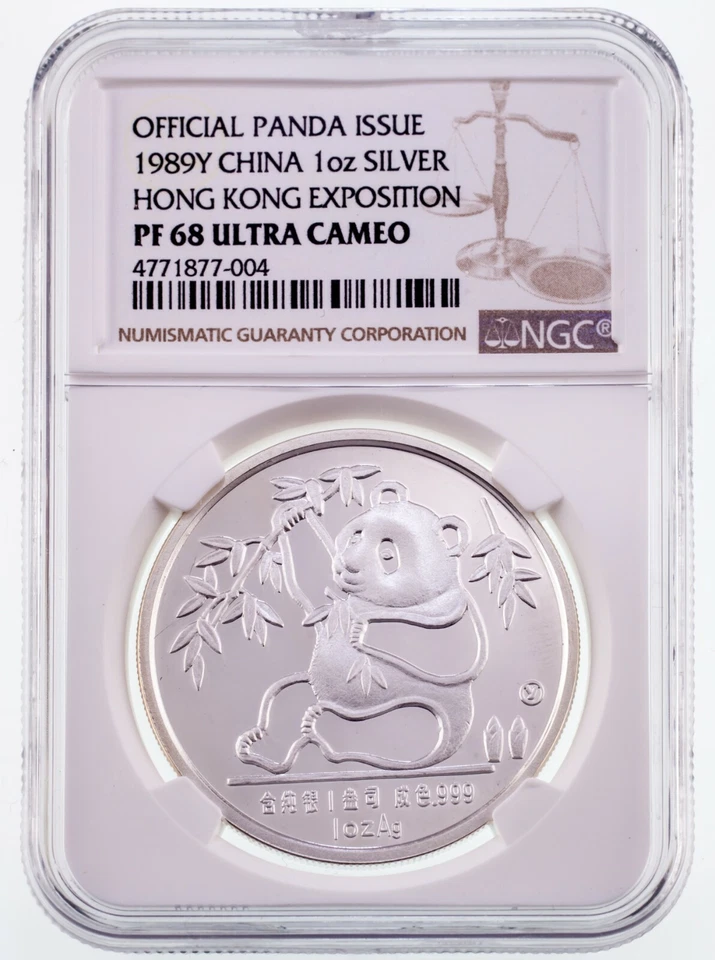 1989Y Cina 1 Oz. Argento Panda Per Hong Kong Esposizione NGC Pf 68 Ultra Cammeo - Immagine 1 di 4