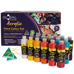 Global Colours Acrylic Paint Set 18 x 250ml Bottles Non-Toxic Made in Australia - Picture 1 of 9
