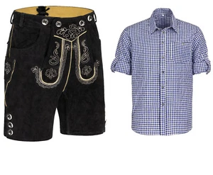 Herren Trachtenlederhose Herren mit Träger Kurz und Hemd blau karriertGr. 46-60 - Bild 1 von 3