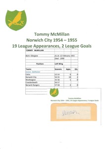 TOMMY McMILLAN NORWICH CITY 1954-1955 RARE ORIGINAL HAND SIGNED CUTTING/CARD
