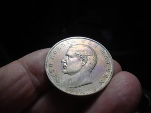 Colorful 1909 D Bavaria 3 Marks Double Die Error, Date & Inscription - Picture 1 of 9