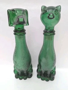 Empoli Decanter Set Cat & Dog Italian Emerald Green Glass Bottle 9” Stopper VGC - Picture 1 of 5