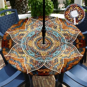 Outdoor Tablecloth with Umbrella Hole Waterproof Round Fitted Tablecloth with... - Picture 1 of 7