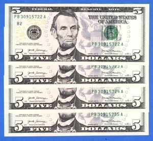 A8 - US x 4 (Four) $5 Dollars Federal Reserve 2017 Uncirculated Banknotes - Picture 1 of 2