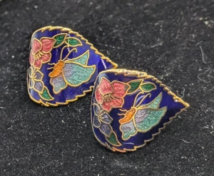 Vtg Enameled Cloisonne Earrings Gold Tone Metal Butterfly Flower Pierced 0.5" - Picture 1 of 7