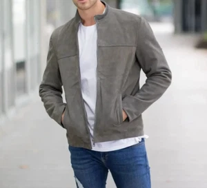 Men's Gray Suede 100% Real Lambskin Leather Biker Moto Jacket Designer Cafe Race - Picture 1 of 11