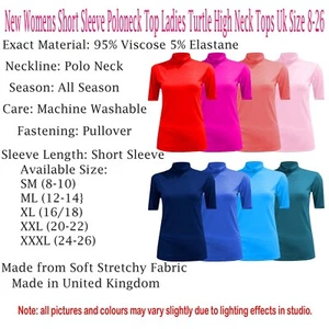 Womens Turtle Polo Roll Neck Short Sleeve Plain Stretch T Shirt Top Jumper UK - Picture 1 of 21