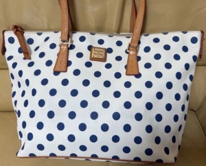 Dooney Bourke Shopper Tote White Blue Polka Dot & Vacchetta Leather Shoulder Bag - Picture 1 of 18