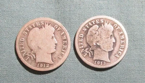 1912 P and 1913 P Barber Dime - (2) U.S. 10 cents silver coins - Picture 1 of 2