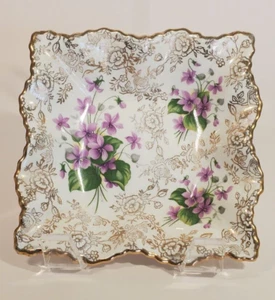English Old Foley James Kent Violets Candy Dish Gold Florals 6497 5 inch - Picture 1 of 13
