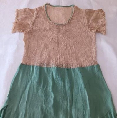 Antique 40s Green Silky Crepe Dress Valenciennes Lace Top Cutter Repair - Image 1 of 4