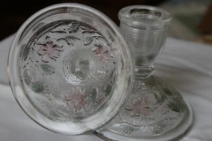 Pair L. E. Smith Taper CANDLE HOLDERS SATIN ROSES Clear Glass with colored roses - Picture 1 of 5