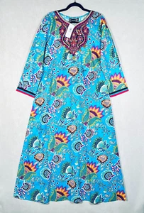 Indian Kaftan Dress Womens M Blue Cotton Button Up Floral Maxi NWT - Picture 1 of 13